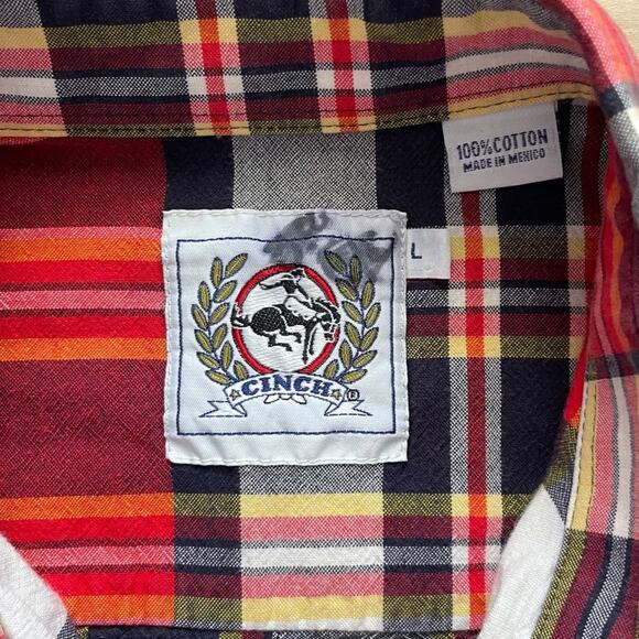 Cinch Men’s Red, White, and Navy Plaid Long Sleeve Button Down Shirt Size Large - Picture 4 of 8